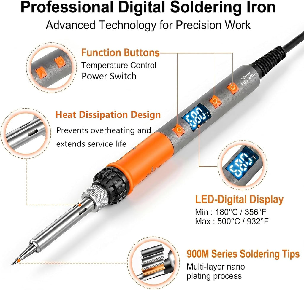 OIDJK-01 100W 7-in-1 Soldering Iron Kit, 180°C-500°C, Multifunctional Anti-slip Stand, Auto Sleep Mode (Orange)