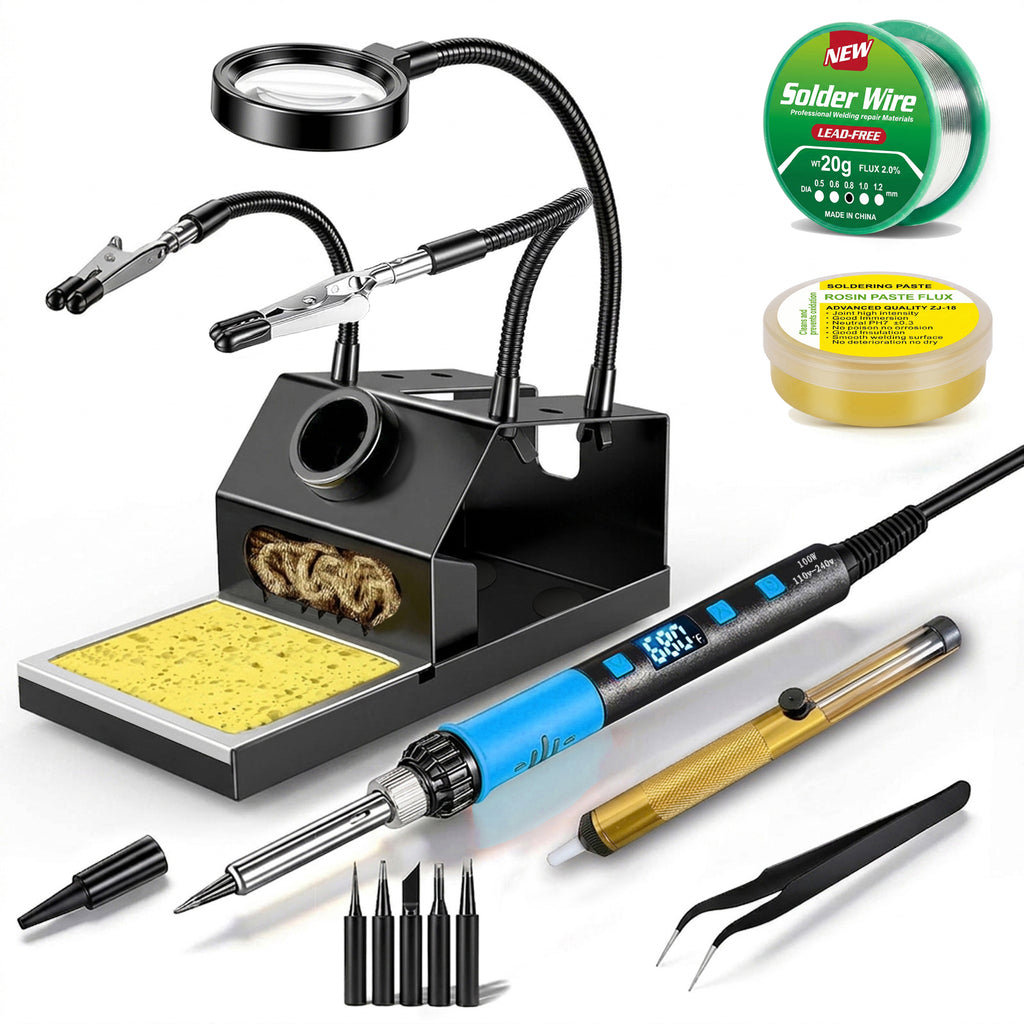 Kit de soldador de 100 W, control preciso de 180 °C a 500 °C, soporte antideslizante con lupa y pinzas, 5 puntas, hilo de soldadura sin plomo, bomba desoldadora, fundente, modo de suspensión automática