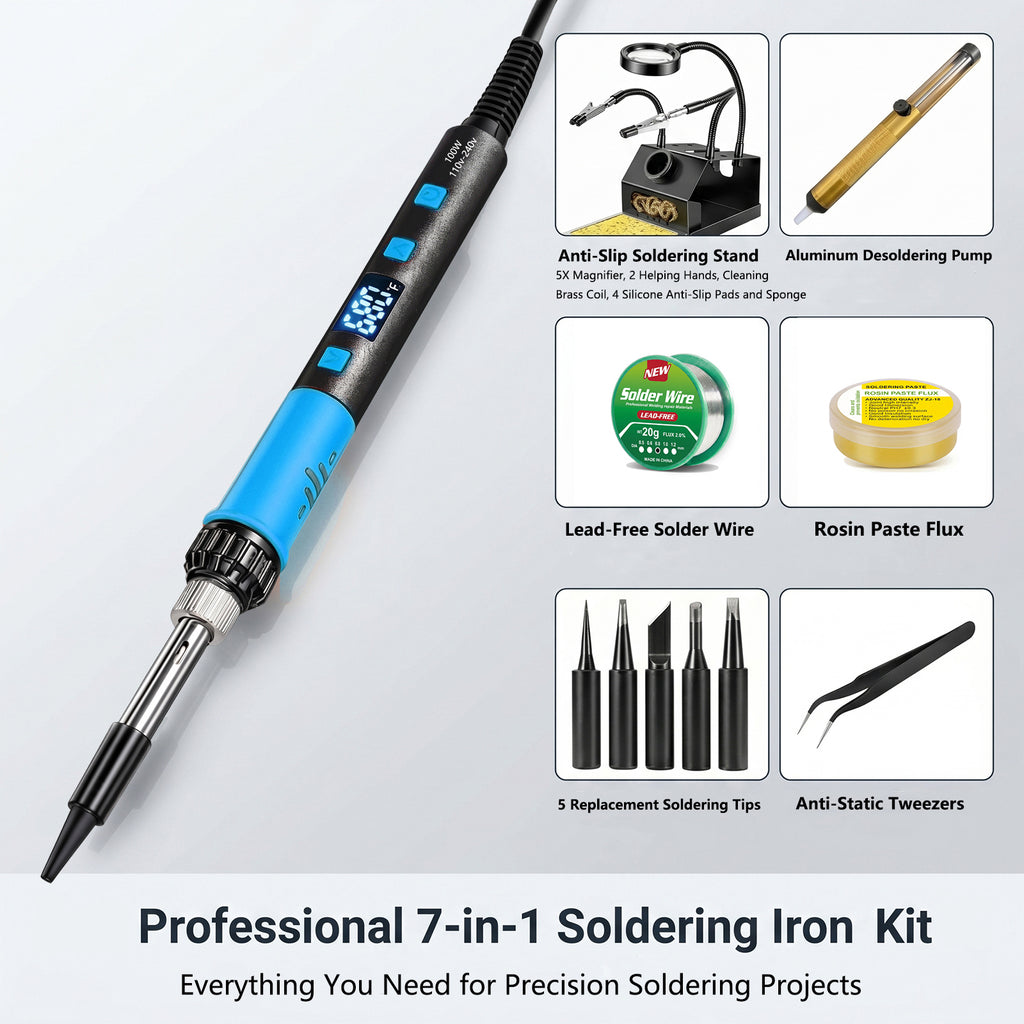 Kit de soldador de 100 W, control preciso de 180 °C a 500 °C, soporte antideslizante con lupa y pinzas, 5 puntas, hilo de soldadura sin plomo, bomba desoldadora, fundente, modo de suspensión automática